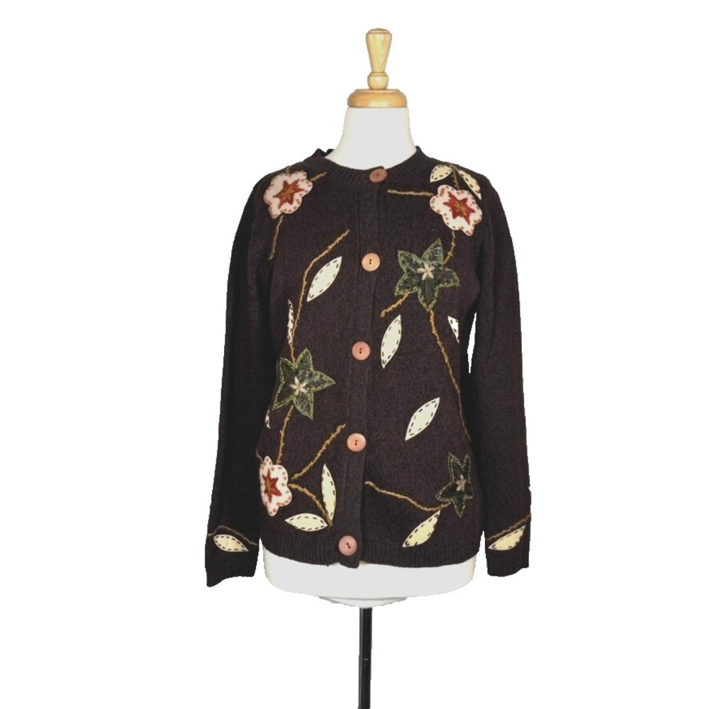 Stitches in Time Brown Floral VTG Button up Cardigan Womens Medium Cottage Core